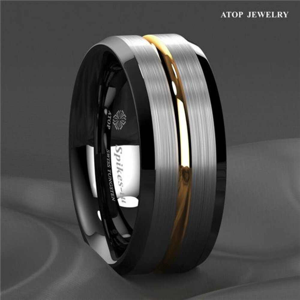 Men's Wedding Band - Silver Brushed Black Edge With Gold Line - Rings View 2